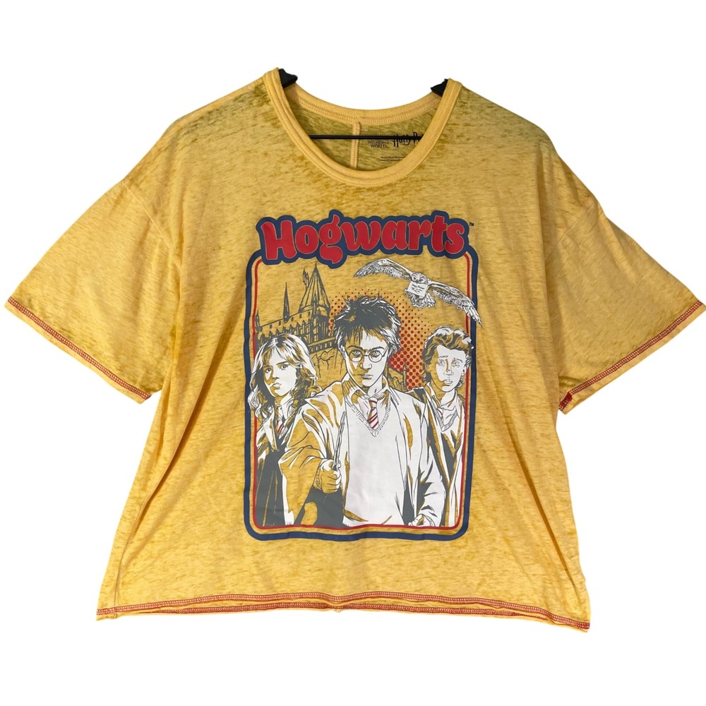Harry‎ Potter Hogwarts T Shirt Juniors L Yellow Burnout Graphic Crop Tee